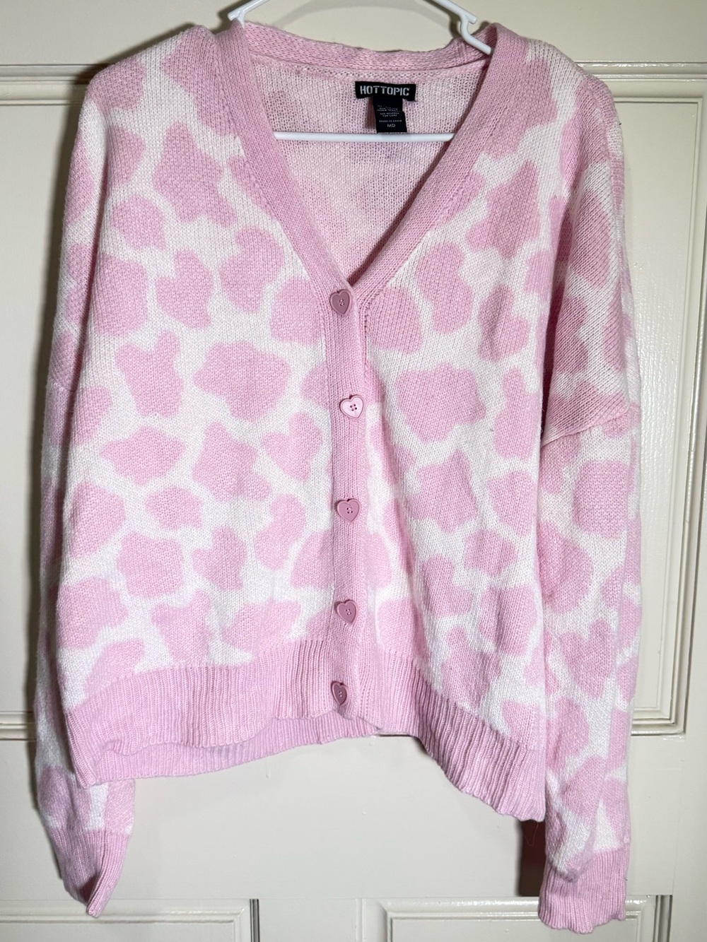 Hot Topic Pink and White Leopard Heart-Button Cardigan
